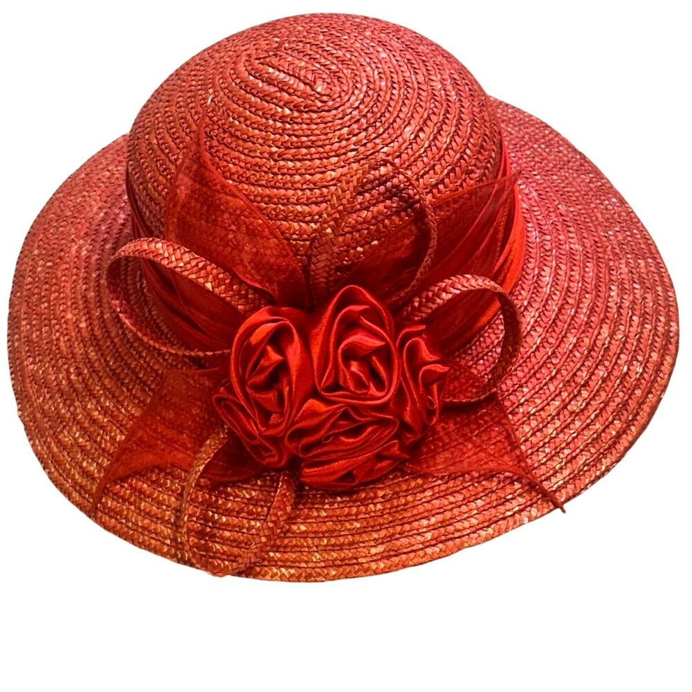 Bright Red Women's Derby Wide Brim Straw Embellished Hat Satin Band Fabric Rose - Picture 1 of 8